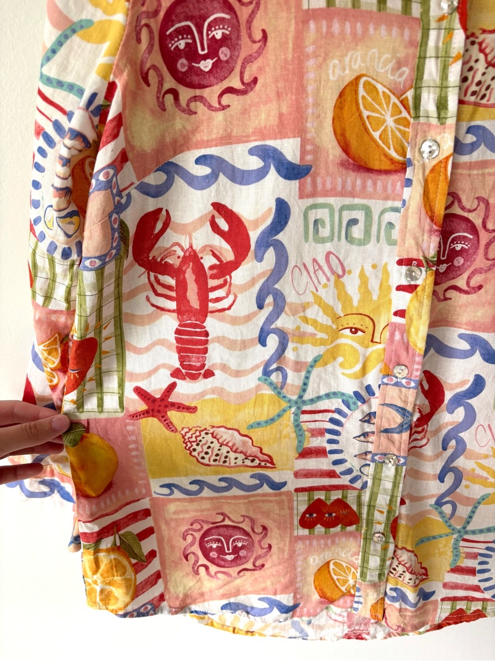 Calypso St. Barth Colorful Linen Blend Coastal Print Button Down Shirt Vacation - Picture 5 of 11
